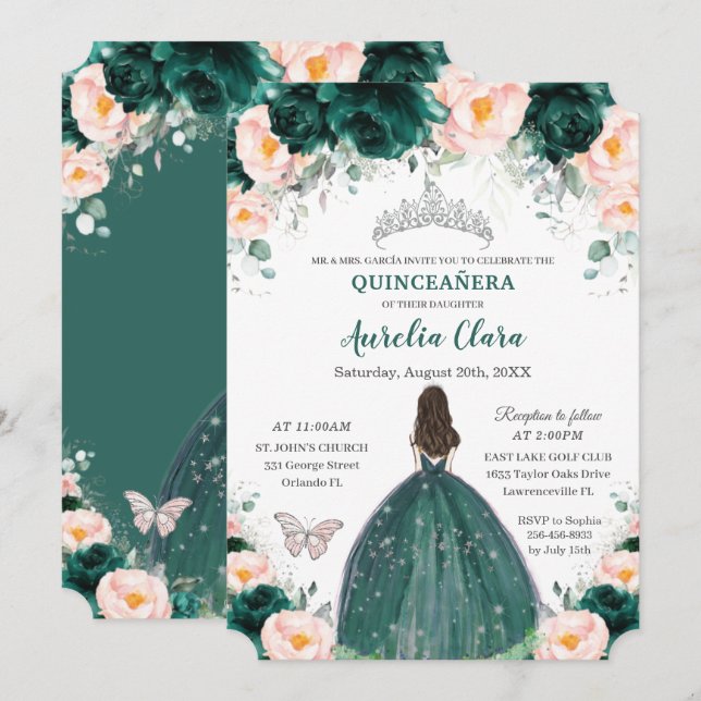 Silver Quinceañera Emerald Blush Bloral Princess Einladung (Vorne/Hinten)