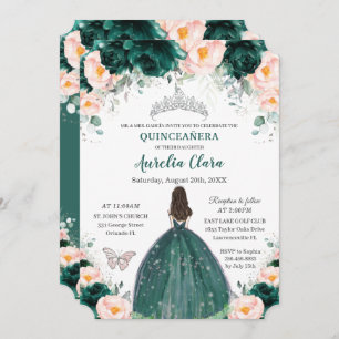 Silver Quinceañera Emerald Blush Bloral Princess Einladung
