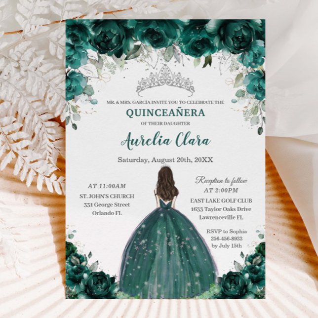 Silver Quinceañera Emerald Green Blumenprinzessin Einladung (Von Creator hochgeladen)