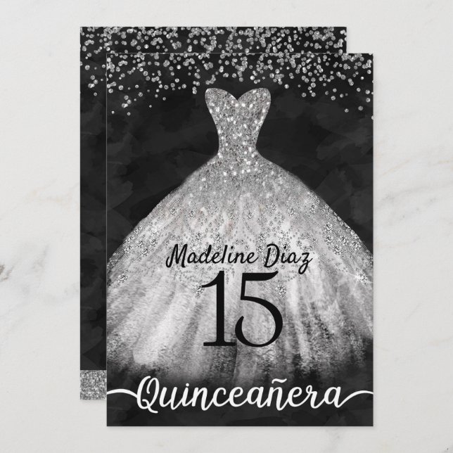 Silver Quinceanera Geburtstag Einladung Cumpleanos (Vorne/Hinten)