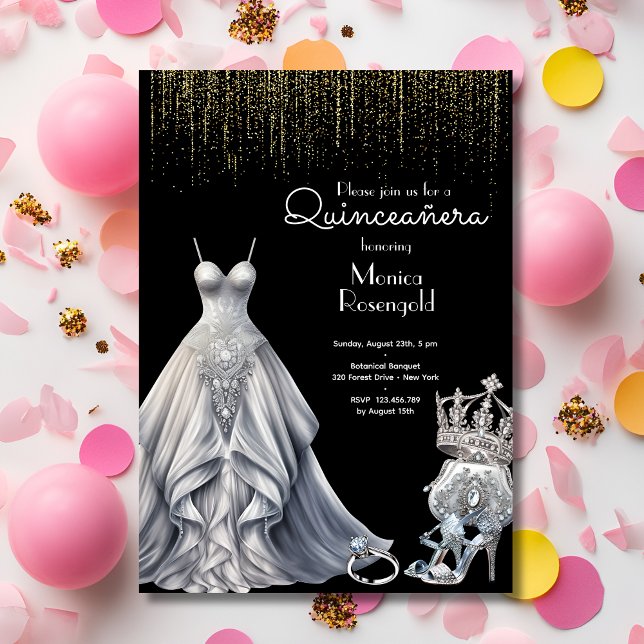 Silver Quinceañera Royal Princess Black Birthday Einladung (Von Creator hochgeladen)