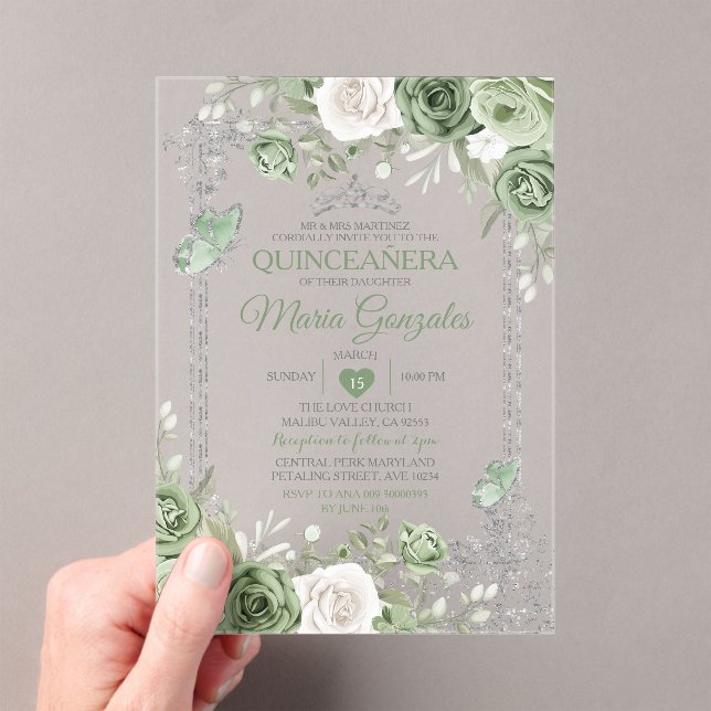 Silver Quinceañera Sage Green Crown Butterfly Acryleinladungen (Insitu (Handheld))