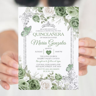 Silver Quinceañera Sage Green Crown Butterfly Einladung