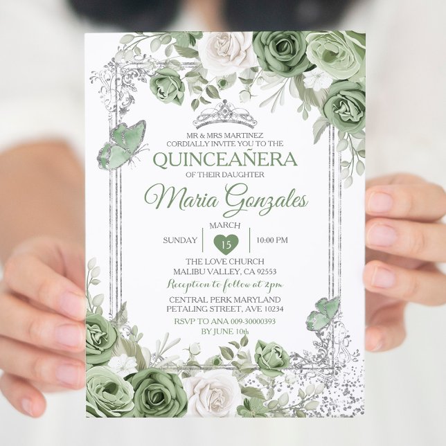 Silver Quinceañera Sage Green Crown Butterfly Einladung (Von Creator hochgeladen)