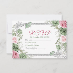 Silver Quinceañera Sage Green Crown Rsvp Card Dankeskarte