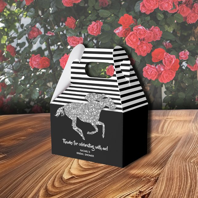 Silver Racehorse Derby Brautparty Geschenkschachtel (Silver racehorse gable-style favor box with  thank you on the front, 4"w x 2.5"l x 5"h)
