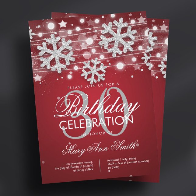 Silver Red 30. Geburtstag Winter Glitzer Glam Einladung (Silver Red 30th Birthday Winter Glitter Glam Invitation)