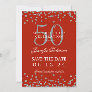 Silver Red 50. Geburtstag Save the Date Confetti Einladung