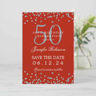 Silver Red 50. Geburtstag Save the Date & Details Einladung