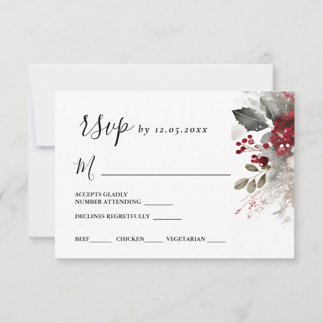 Silver Red Christmas Winter Floral Wedding RSVP Karte (Vorderseite)