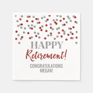 Silver Red Confetti Happy Retirement Serviette