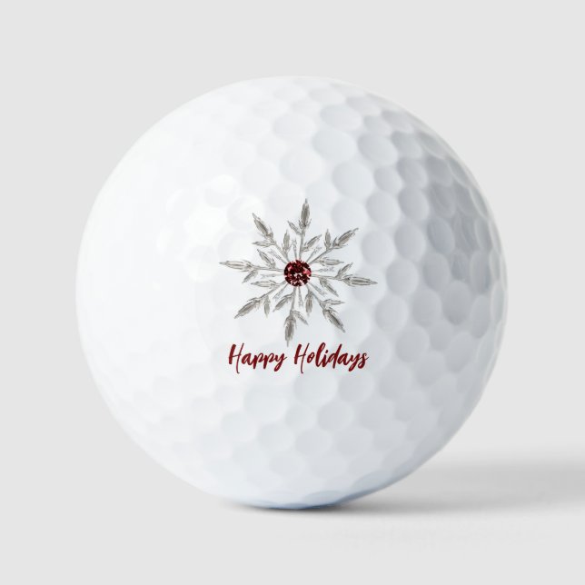 Silver Red Crystal Snowflake Happy Holidays Golfball (Vorderseite)