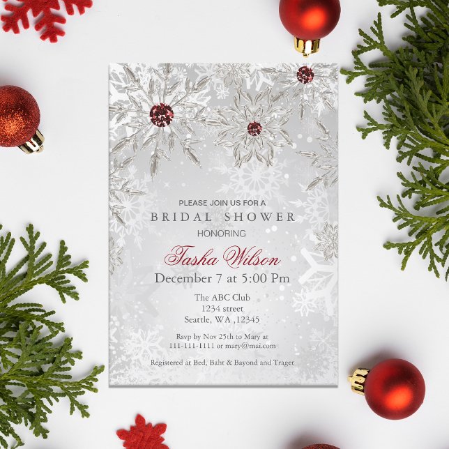 Silver Red Crystal Snowflakes Winter Brautparty Einladung (Silver Red Crystal Snowflakes Winter Bridal Shower Invitation)