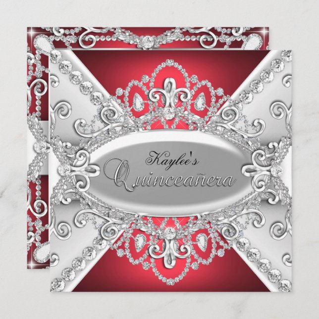 Silver & Red Diamond Damask Quinceanera Einladung (Vorne/Hinten)