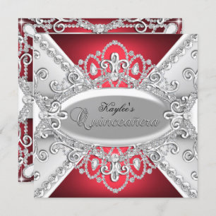 Silver & Red Diamond Damask Quinceanera Einladung