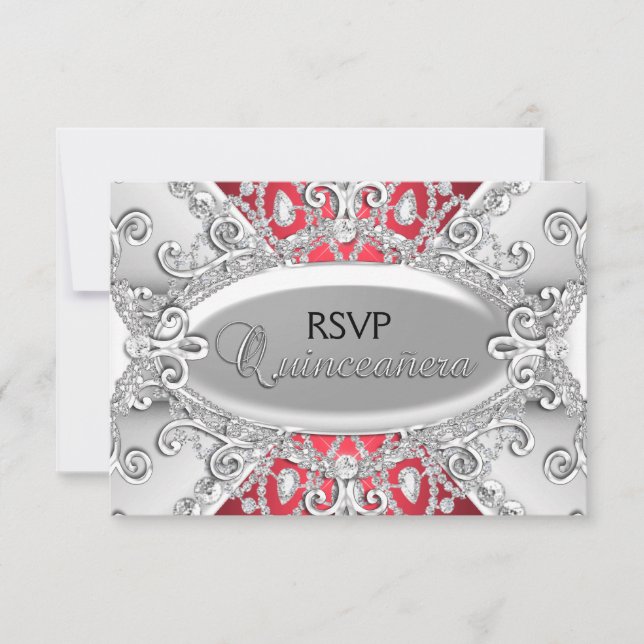 Silver & Red Diamond Damask Quinceanera UAWG RSVP Karte (Vorderseite)