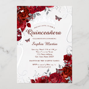 Silver Red Floral Butterfly Elegante Quinceanera Folieneinladung