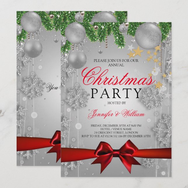 Silver & Red Glam Weihnachtsfeier Einladung (Vorne/Hinten)