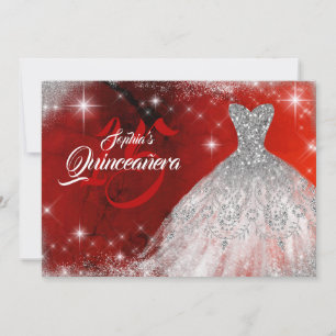 Silver Red Lace Diamond Gown Quinceanera Einladung