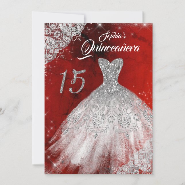 Silver Red Lace Diamond Sparkle Gown Quinceanera Einladung (Vorderseite)