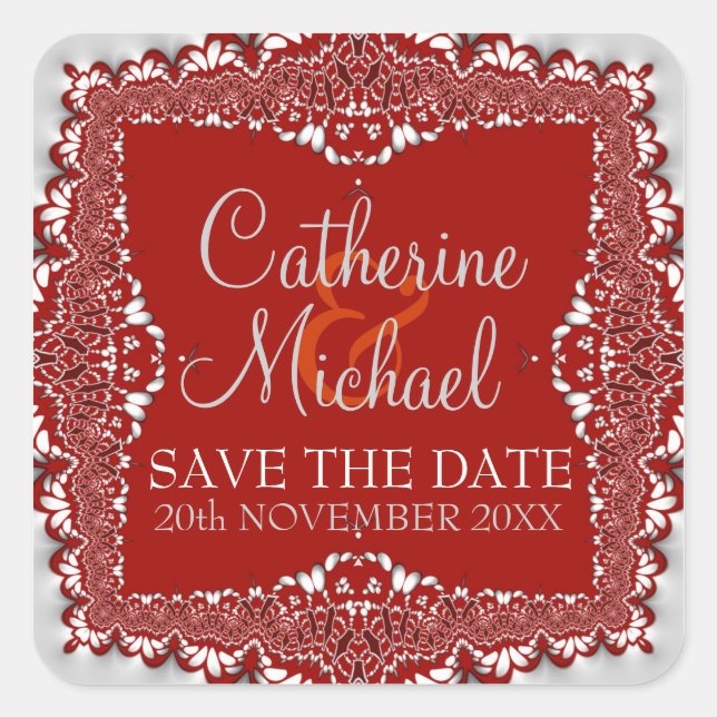 Silver+Red Lace Wedding Save the Date Sticker (Vorderseite)