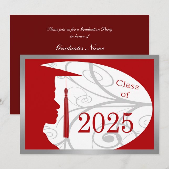 Silver & Red Man Silhouette 2025 Graduation Party Einladung (Vorne/Hinten)