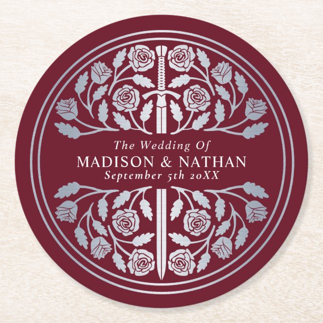 Silver Red Royal Medieval Sword Wedding Runder Pappuntersetzer (Vorderseite)