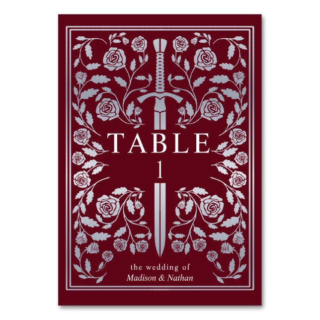 Silver Red Royal Medieval Sword Wedding Tischnummer (Vorderseite)