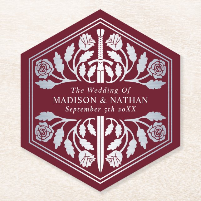 Silver Red Royal Medieval Sword Wedding Untersetzer (Vorderseite)