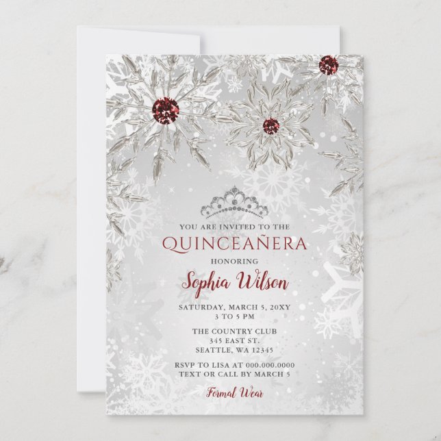 Silver Red Snowflakes Tiara Quinceañera Einladung (Vorderseite)