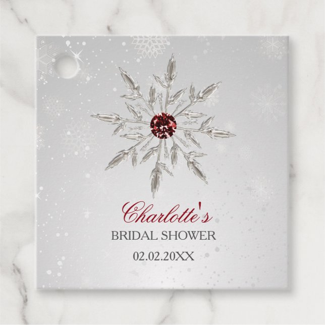 Silver Red Snowflakes Winter Brautparty Geschenkanhänger (Vorderseite)