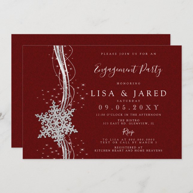 Silver Red Snowflakes Winter Engagement Party Einladung (Vorne/Hinten)