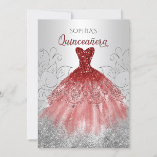 Silver Red Sparkle Dress Quinceañera Quince Einladung