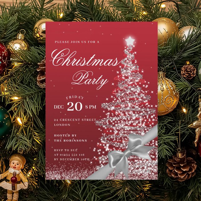 Silver Red Winter Christmas Tree Bow Holiday  Einladung (Silver Red Winter Christmas Tree Bow Holiday Invitation)