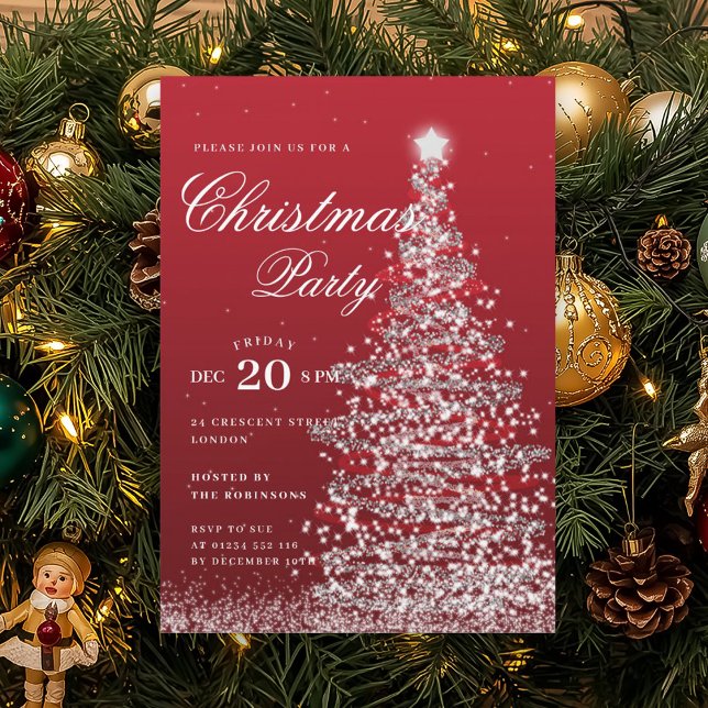 Silver Red Winter Christmas Tree Holiday Party  Einladung (Silver Red Winter Christmas Tree Holiday Party Invitation)