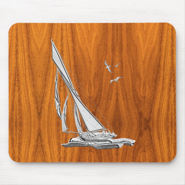Silver Regatta Sailboat auf Teak Veneer Mousepad (Vorne)