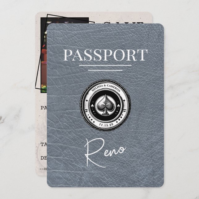 Silver Reno Passport Save the Date (Vorne/Hinten)