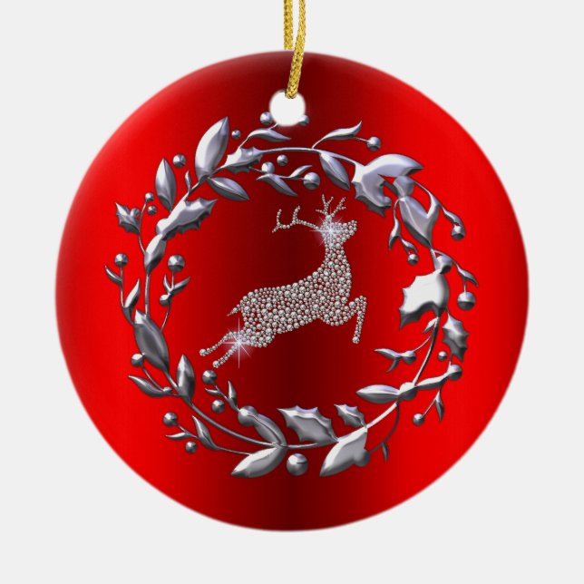 Silver Rentier and Wreath on Red Christmas Keramik Ornament (Vorne)