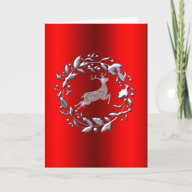 Silver Rentier and Wreath Red Christmas Karte (Vorderseite)