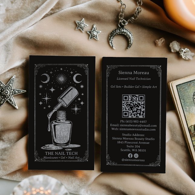 Silver Retro Celestial Tarot Nail artist QR Code Visitenkarte (Silver Retro Celestial Tarot Nail artist QR Code Business Card)