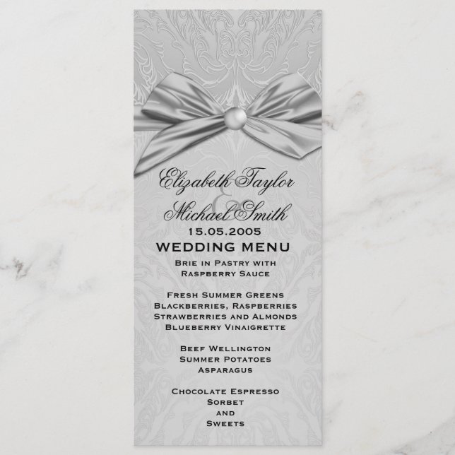 Silver Ribbon Elegant Damask Wedding Menu Menükarte (Vorderseite)