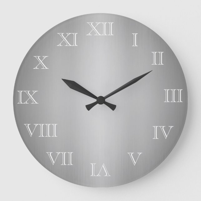Silver Roman Numerres Round Wall Clock Große Wanduhr (Vorderseite)