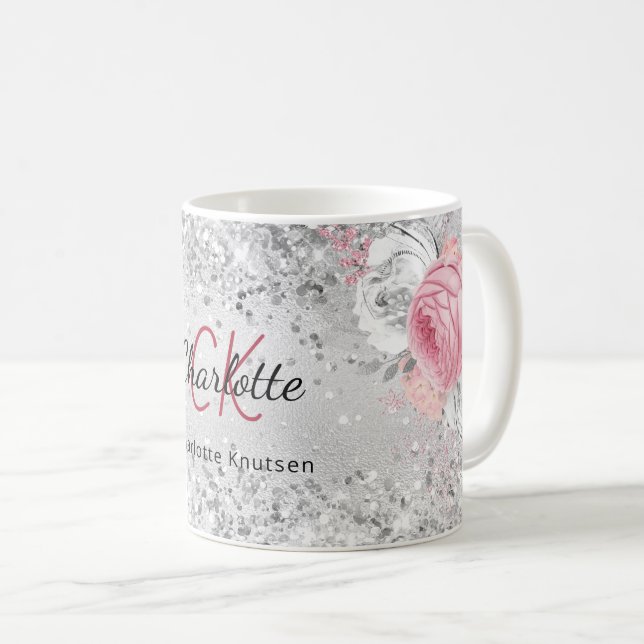 Silver rosa Flora elegante Monogramm-Bezeichnung Kaffeetasse (VorderseiteRechts)