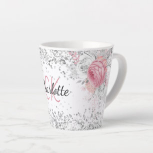 Silver rosa Flora elegante Monogramm-Bezeichnung Milchtasse