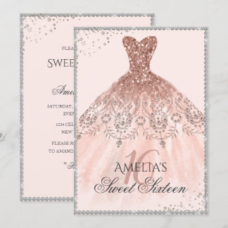 Silver Rose Gold Dress Sparkle 16. 16 . Geburtstag Einladung