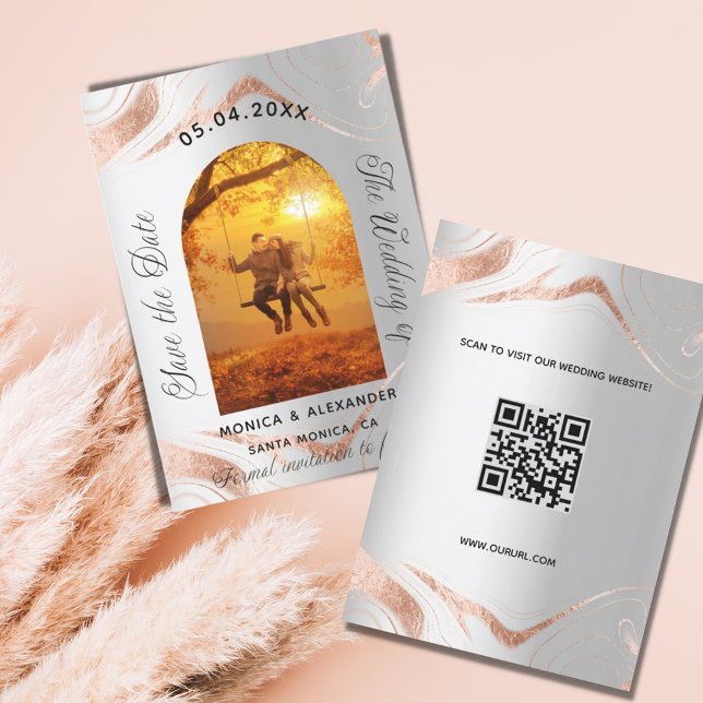 Silver Rose Gold Foto QR Hochzeit speichern Sie da Save The Date (Von Creator hochgeladen)
