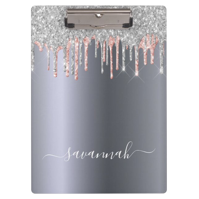 Silver rose gold glitter drips name script klemmbrett (Vorderseite)