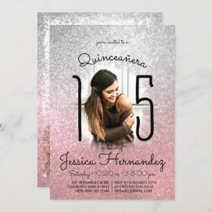 Silver Rose Gold Glitzer Ombre Foto Quinceañera Einladung