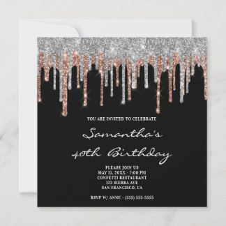 Silver Rose Gold Glitzer Tropfen Schwarz 40. Gebur Einladung
