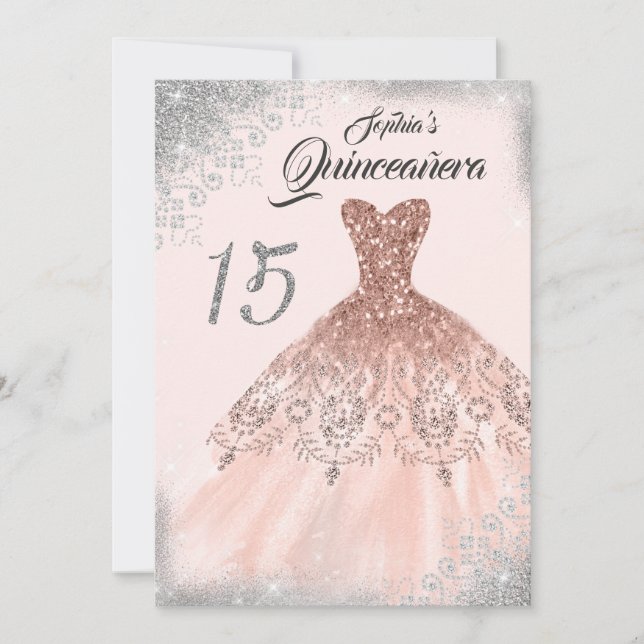 Silver Rose Gold Lace Diamond Gozo Quinceanera Einladung (Vorderseite)